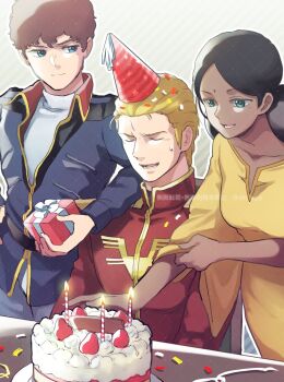 1girl 2boys alternate_universe amuro_ray birthday birthday_cake black_hair blonde_hair blue_eyes brown_hair cake char&#039;s_counterattack char_aznable crying dark-skinned_female dark_skin earth_federation food fruit gift good_end green_eyes gundam hat highres lalah_sune multiple_boys neo_zeon oh_syz party_hat strawberry
