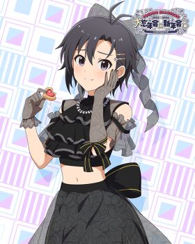 1girl antenna_hair arm_bow armband back_bow black_eyes black_hair black_skirt bow cookie crop_top eating elbow_gloves food frilled_armband frills game_cg gloves hair_bow hair_ornament hairpin hand_on_own_face high_collar holding holding_cookie holding_food idolmaster idolmaster_million_live! idolmaster_million_live!_theater_days kikuchi_makoto looking_at_viewer midriff multiple_hairpins official_alternate_costume official_art see-through_clothes see-through_gloves see-through_sleeves short_hair skirt solo third-party_source