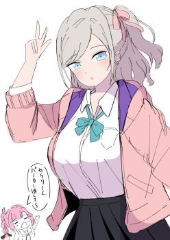 2girls :o ahoge alternate_costume anyoji_hime aqua_bow aqua_bowtie black_ribbon black_skirt blue_eyes borrowed_clothes bow bowtie breast_pocket breasts ceras_yanagida_lilienfeld closed_eyes collared_shirt commentary_request dress_shirt gyaru hair_ribbon half_updo highres hood hooded_jacket huge_breasts jacket kaudon kogal link!_like!_love_live! long_hair looking_at_viewer love_live! multi-tied_hair multiple_girls open_clothes open_jacket open_mouth parted_lips pink_jacket pink_ribbon pleated_skirt pocket ponytail raised_inner_eyebrows ribbon shirt simple_background sketch skirt solo_focus speech_bubble three-quarter_sleeves unfinished virtual_youtuber w white_background white_shirt