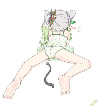 1girl absurdres anal_beads anal_tail animal_ears ass barefoot butt_plug cat_ears cat_tail dress fake_tail flying_sweatdrops from_behind full_body genshin_impact gradient_hair green_dress green_hair grey_hair hair_ornament highres leaf_hair_ornament loli long_hair multicolored_hair nahida_(genshin_impact) panties pointy_ears short_dress side_ponytail simple_background soles solo sundress tail tail_removed toes underwear white_background white_panties youyoukai