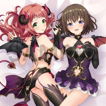 2girls agatsuma_ren alternative_girls armband armor asahina_nono ass back bad_id bare_shoulders bikini_armor black_armor black_gloves black_horns black_skirt black_thighhighs black_wings blush bob_cut breasts brooch closed_mouth clothing_cutout cowboy_shot curled_horns dakimakura_(medium) demon_horns demon_tail demon_wings dot_nose dress elbow_gloves gem gloves green_eyes halterneck hand_on_own_chest heart heart_brooch holding_hands horns jewelry leg_between_thighs long_hair looking_at_viewer medium_breasts multiple_girls navel navel_cutout official_art open_mouth pink_gemstone purple_dress purple_eyes red_hair red_tail sample_watermark second-party_source short_dress short_hair shoulder_blades skirt smile tail thighhighs tongue tongue_out watermark wings