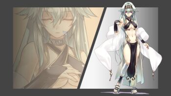 agarest_senki agarest_senki_(series) bare_shoulders black_dress blue_hair choker closed_eyes dress dyshana_(agarest_senki) headband highres looking_at_viewer non-web_source pectorals red_eyes sandals staring