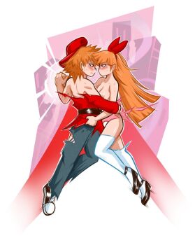 1boy 1girl backwards_hat blossom_(ppg) blush breasts brick_(ppg) hair_ribbon hand_on_another&#039;s_waist hat hetero highres holding_hands long_hair looking_at_another medium_breasts mr-e orange_hair pants pink_eyes powerpuff_girls red_eyes ribbon simple_background sweat toned toned_male torn_clothes