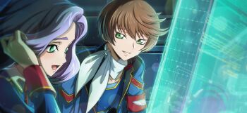 1boy 1girl anna_clement brown_hair code_geass code_geass:_boukoku_no_akito code_geass:_lost_stories f4samurai game_cg green_eyes highres long_hair looking_at_viewer male_focus military_uniform naruse_yukiya necktie official_art open_mouth purple_hair short_hair smile teeth