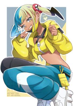 1girl aqua_hair bandeau belt black_belt black_mask black_pants blonde_hair blue_eyes blue_nails blue_pants boots breasts canari_(pokemon) criss-cross_straps dark-skinned_female dark_skin heart highres jacket long_sleeves looking_at_viewer mask mask_pull medium_breasts mega_stone mouth_mask multicolored_hair multicolored_nails navel nintendo open_mouth pants pokemon pokemon_legends:_z-a short_twintails smile solo split-color_hair sports_bra teeth twintails two-tone_hair two-tone_mask two-tone_pants white_boots yellow_bandeau yellow_jacket yellow_mask yellow_nails yellow_sports_bra yomogi_(black-elf)