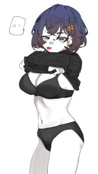 1girl belle_(zenless_zone_zero) black_bra black_panties bra green_eyes half-closed_eyes highres looking_at_viewer navel panties samsick simple_background solo speech_bubble tongue tongue_out underwear undressing white_background zenless_zone_zero