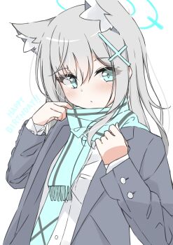 Rule 34 | 1girl, absurdres, animal ear fluff, animal ears, black jacket, blue archive, blue halo, blue necktie, blue scarf, blush, closed mouth, commentary request, cross hair ornament, extra ears, eyelashes, eyes visible through hair, fringe trim, grey hair, hair between eyes, hair ornament, halo, hands up, happy birthday, highres, jacket, kaorun (momiji hourensou), light frown, long sleeves, mismatched pupils, necktie, open clothes, open jacket, scarf, school uniform, shiroko (blue archive), shirt, simple background, solo, upper body, white background, white shirt, wolf ears, wolf girl
