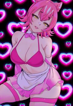 1girl animal_ears apron bikini bow bowtie breasts elbow_gloves extra_ears gloves heart highres kemono_friends large_breasts looking_at_viewer panther_ears panther_girl peach_panther_(kemono_friends) pink_bikini pink_hair shivuakichi short_hair simple_background solo swimsuit thighhighs yellow_eyes