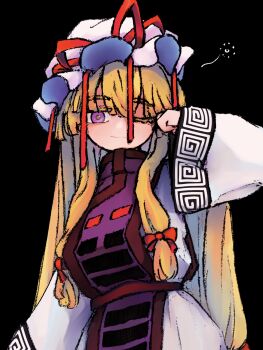 1girl ataokka black_background blonde_hair closed_mouth dress hair_ribbon hat highres long_hair long_sleeves looking_at_viewer mob_cap one_eye_closed purple_eyes purple_tabard ribbon sleepy smile solo tabard touhou very_long_hair white_dress yakumo_yukari
