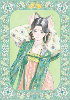 1girl absurdres animal_ears arms_up black_hair blue_eyes cat cat_ears chinese_clothes chinese_commentary commentary_request dress floral_print flower green_background hair_rings hanfu highres jewelry long_sleeves looking_at_viewer necklace original painting_(medium) qixiong_ruqun ribbon shangguan_rushi solo traditional_media unicorn upper_body watercolor_(medium)