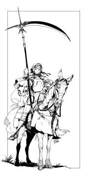 Rule 34 | 1girl, absurdres, armor, barding, breastplate, commentary, cuirass, cuisses, english commentary, faulds, full body, gauntlets, greaves, greyscale, highres, holding, holding scythe, horse, horseback riding, knight, looking at viewer, monochrome, original, pirata (gailtonatiu), plate armor, poleyn, riding, sabaton, scythe, shoulder armor, signature, solo, stirrups (riding), veil