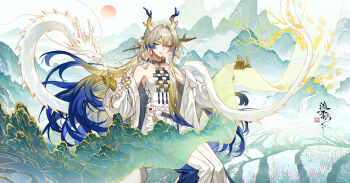 1girl absurdres arknights bare_shoulders bird blue_eyes branch breasts chinese_commentary choker collarbone colored_extremities commentary_request double-parted_bangs dragon dragon_girl dragon_horns earrings eastern_dragon eyeliner floating_hair grey_hair hair_between_eyes hair_intakes hair_ornament hair_stick half_updo highres horns jacket jewelry liuyun_yucui long_hair makeup mountainous_horizon multicolored_hair multicolored_horns necklace off_shoulder open_clothes open_jacket orange_eyeliner pants parted_lips pointy_ears red_sun rice_paddy shu_(arknights) small_breasts solo strapless swallow_(bird) tassel tassel_earrings tube_top very_long_hair white_jacket white_pants white_tube_top zhongguo_hua