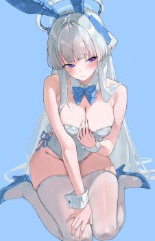 1girl animal_ears blue_archive blue_bow blue_bowtie blush bow bowtie breasts cham_ggi cleavage halo hashtag-only_commentary headgear high_heels highres large_breasts long_hair mechanical_halo noa_(blue_archive) playboy_bunny purple_eyes rabbit_ears solo thighhighs very_long_hair white_hair white_thighhighs wrist_cuffs