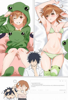 1boy 1girl ;) animal_hood bed_sheet bikini black_hair breasts commentary_request gekota green_bikini green_jacket green_thighhighs hair_ornament hairpin harumi61 highres hitting holding holding_stuffed_toy hood hood_up hooded_jacket imagining jacket kamijou_touma misaka_mikoto multiple_views navel one_eye_closed parted_lips puff_of_air school_uniform short_hair side-tie_bikini_bottom small_breasts smile striped_bikini striped_clothes striped_thighhighs stuffed_animal stuffed_frog stuffed_toy swimsuit thighhighs toaru_kagaku_no_railgun toaru_majutsu_no_index tokiwadai_school_uniform