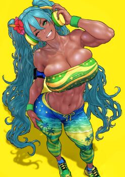 absurdres b_0_rukia blue_hair brazil brazilian_flag brazilian_flag_print brazilian_miku commentary english_commentary flag_print hatsune_miku headphones highres long_hair solo tan tanline tanline_peek toned toned_female vocaloid