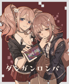2girls absurdres animal_bag bear_hair_ornament black_shirt blonde_hair blue_eyes blush border bow breasts brown_skirt cat_bag choker chouti_ttt cleavage collarbone collared_shirt danganronpa:_trigger_happy_havoc danganronpa_(series) danganronpa_2:_goodbye_despair digital_dissolve enoshima_junko flipped_hair game_over hair_ornament highres holding hood hooded_jacket jacket large_breasts long_hair long_sleeves looking_at_viewer medium_hair multiple_girls nail_polish nanami_chiaki neck_ribbon open_clothes open_jacket outside_border pink_bag pink_eyes pink_hair pink_ribbon pleated_skirt red_nails red_skirt ribbon ringed_eyes school_uniform shirt skirt sleeves_rolled_up smile teeth tetris twintails two-tone_shirt white_border