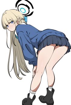 1girl absurdres ass black_boots black_halo black_skirt blonde_hair blue_archive blue_bow blue_cardigan blue_eyes blunt_bangs boots bow braid cardigan closed_mouth ding36 expressionless from_behind full_body hair_bow hair_intakes half_up_braid halo hand_on_own_knee highres kneepits leaning_forward legs long_hair looking_at_viewer looking_back miniskirt official_alternate_costume official_alternate_hairstyle pleated_skirt school_uniform sidelocks simple_background skirt solo split_mouth standing straight_hair thighs toki_(blue_archive) toki_(school_uniform)_(blue_archive) very_long_hair white_background
