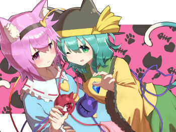 2girls absurdres animal_ear_fluff animal_ears blue_shirt blush cat_ears cat_tail closed_mouth commentary embarrassed fish_skeleton frills green_eyes green_hair green_skirt hair_between_eyes hairband hand_on_another's_hip hand_up hat highres kasuokasuto komeiji_koishi komeiji_satori long_sleeves looking_at_viewer medium_hair multiple_girls one_eye_closed parted_lips paw_pose paw_print paw_print_background pink_eyes pink_hair pink_skirt puffy_sleeves shirt short_hair skirt smile tail teeth third_eye touhou upper_teeth_only yellow_shirt