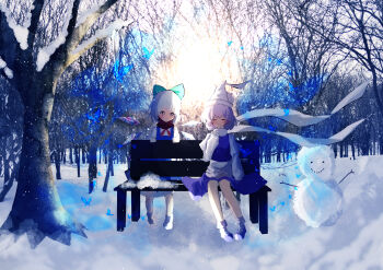 2girls :o ^_^ absurdres apron bare_tree bench blue_bow blue_butterfly blue_hair blue_skirt blue_vest boots bow bowtie bug butterfly cirno closed_eyes closed_mouth commentary crystal_wings hair_bow hand_rest hat highres icicle insect letty_whiterock long_sleeves looking_at_another multiple_girls nettian51 on_bench open_mouth purple_hair purple_skirt purple_vest red_bow red_bowtie red_scarf scarf scenery shirt shoes sitting skirt sleeves_past_wrists smile snow snow_on_tree snowman touhou tree turtleneck turtleneck_shirt vest waist_apron white_apron white_boots white_hat white_shirt white_shoes wings winter