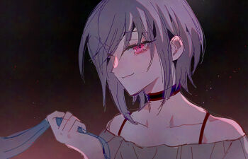 Rule 34 | 2girls, bang dream!, bang dream! it's mygo!!!!!, black choker, choker, collarbone, commentary, grey shirt, highres, maybecrosswise, multiple girls, off-shoulder shirt, off shoulder, pink eyes, purple hair, shirt, short hair, sidelocks, solo focus, togawa sakiko, yuutenji nyamu