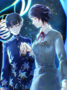 Rule 34 | 1boy, 1girl, 4me3ba niku, belt, blue background, blue light, brown dress, buttons, commentary request, dress, expressionless, floral print jacket, gakuran, glowing, glowing eyes, highres, hiromine yoko, holding hands, jouin high school uniform, light particles, protagonist (smtv), protagonist (student) (smtv), red eyes, red ribbon, ribbon, school uniform, shin megami tensei, shin megami tensei v, shin megami tensei v: vengeance, short hair, spoilers, yellow eyes