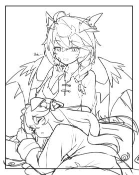 Rule 34 | 2girls, animal ears, commentary, dragon girl, dragon horns, dragon wings, finger to mouth, floom (zeal fool), greyscale, grin, horns, lap pillow, long hair, looking at viewer, monochrome, multiple girls, pig ears, pig girl, precia (princess connect!), princess connect!, sheffy (princess connect!), short hair, shushing, simple background, sketch, sleeping, smile, unfinished, white background, wings