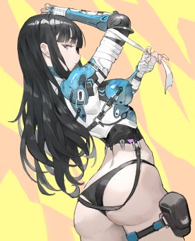 1girl absurdres arowana2111 ass bandaged_arm bandages bikini bikini_bottom_only black_bikini black_hair blue_eyes breasts commentary english_commentary from_behind highres long_hair looking_at_viewer looking_back mechanical_arms original pouch solo swimsuit thigh_pouch