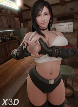 1girl 3d absurdres bar_(place) bare_shoulders black_hair breasts curvy earrings feet_out_of_frame final_fantasy final_fantasy_vii final_fantasy_vii_remake fingerless_gloves gloves heart heart_hands highres jewelry large_breasts long_hair looking_at_viewer naughty_face navel one_breast_out presenting seductive_gaze seductive_smile smile square_enix standing tifa_lockhart x3d