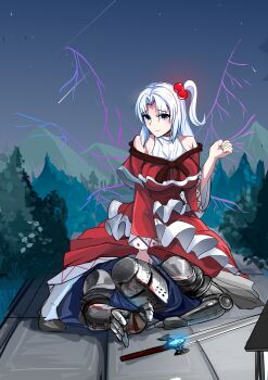 1boy 1girl absurdres armor blood blue_eyes bow breasts capelet chinese_commentary commentary cuirass dress dxt full_armor gauntlets hair_bobbles hair_ornament helm helmet highres knight large_breasts long_hair multiple_wings one_side_up outstretched_arm plate_armor red_dress ribbon shinki_(touhou) smile sword touhou weapon white_hair wings