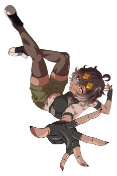 1girl absurdres black_gloves black_nails black_shirt black_shoes black_thighhighs blue_eyes breasts brown_hair closed_mouth commentary_request dark-skinned_female dark_skin eyelashes eyewear_on_head fingerless_gloves fingernails foreshortening freckles full_body gloves green_shorts heterochromia highres indie_virtual_youtuber mari_nanjo midriff multicolored_shoes nail_polish outstretched_arm shirt shoes short_hair shorts smile sneakers solo spanish_commentary sunglasses tan tanline thighhighs tinted_eyewear toraberaaa torn_clothes torn_thighhighs transparent_background two-tone_shoes virtual_youtuber yellow-framed_eyewear yellow-tinted_eyewear yellow_eyes