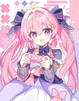 1girl :d absurdres ahoge blush bow bowtie commentary_request controller cowboy_shot dress dress_bow game_controller hair_between_eyes hair_ribbon hands_up highres holding holding_controller holding_game_controller indie_virtual_youtuber long_sleeves looking_at_viewer open_mouth pink_eyes purple_bow purple_bowtie purple_dress purple_ribbon red_bow ribbon second-party_source shirocha_tei smile solo sparkle_hair_ornament twintails virtual_youtuber waist_bow yashiro_runa