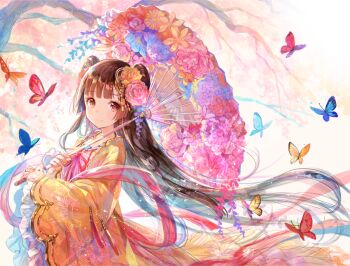 1girl animal black_hair blunt_bangs brown_eyes bug butterfly chinese_clothes closed_mouth eyelashes flat_chest floating_hair flower from_side fuzichoco hair_flower hair_ornament hair_ribbon hime_cut holding holding_umbrella insect jewelry kanzashi light_particles long_hair long_sleeves looking_at_viewer miracle_nikki necklace nikki_(series) over_shoulder pink_ribbon ribbon see-through_clothes shawl smile standing tassel tree tress_ribbon two_side_up umbrella upper_body very_long_hair white_background wide_sleeves