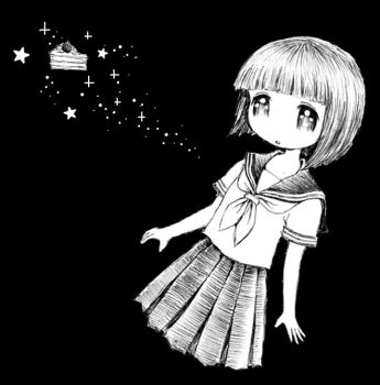 1girl bob_cut cake cake_slice commentary_request cropped_legs food greyscale hatching_(texture) leica_(leica_xx) medium_skirt monochrome original school_uniform serafuku short_hair skirt solo sparkle star_(symbol)