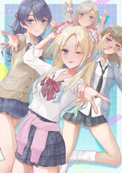 Rule 34 | 4girls, absurdres, alternate costume, black necktie, black skirt, blonde hair, blue background, blue eyes, blue hair, blue skirt, border, bow, bowtie, brown cardigan, brown hair, cardigan, cardigan around waist, ceras yanagida lilienfeld, closed mouth, clothes around waist, collared shirt, commentary, cowboy shot, dress shirt, expressionless, feet out of frame, flower, gradient background, gradient hair, grey cardigan, grey hair, grid background, gyaru, gyaru w, hair flower, hair ornament, half updo, heisei gals!!!! (love live!), highres, kachimachi kosuzu, kobassy, kogal, link! like! love live!, long sleeves, looking at viewer, loose bowtie, loose necktie, loose socks, love live!, miniskirt, multicolored hair, multiple girls, murano sayaka, necktie, one eye closed, open cardigan, open clothes, open hand, osawa rurino, outside border, parted bangs, parted lips, pink cardigan, pink eyes, pink flower, plaid clothes, plaid skirt, pleated skirt, red bow, red bowtie, school uniform, shirt, skirt, sleeves rolled up, smile, socks, virtual youtuber, w, white border, white shirt, white socks