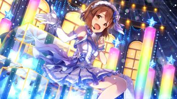 1girl :d blush brown_eyes brown_hair commentary_request dress elbow_gloves frilled_dress frills game_cg gloves hagiwara_yukiho hairband idolmaster idolmaster_(classic) idolmaster_million_live! idolmaster_million_live!_theater_days looking_at_viewer night official_alternate_costume official_art open_mouth outdoors print_thighhighs short_hair single_elbow_glove single_thighhigh sleeveless sleeveless_dress smile snowflake_print snowing solo stage thighhighs third-party_source white_dress white_gloves white_hairband