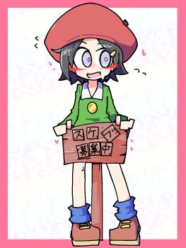 1girl adeleine averting_eyes beret black_hair blue_eyes blue_socks blush border bottomless bright_pupils brown_shoes collared_shirt embarrassed english_text female_focus flat_chest flying_sweatdrops green_shirt hair_ornament hairclip hat highres jaggy_lines japanese_text kan_(kam48360493) kirby_(series) kirby_64 loli long_sleeves looking_to_the_side mixed-language_text nervous nervous_smile nintendo nose_blush open_mouth outside_border pink_border red_hat shirt shoes short_hair sidelocks sideways_glance sign signpost smile socks solo sweat text_background translation_request white_background white_pupils wide-eyed