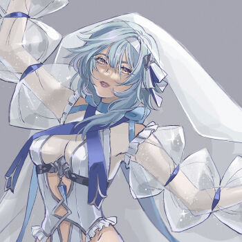 Rule 34 | 1girl, alternate costume, blue bow, blue hair, bow, breasts, bridal veil, cleavage, eula (genshin impact), genshin impact, hairband, highres, long sleeves, looking at viewer, medium hair, princess ailish, solo, upper body, veil, white hairband