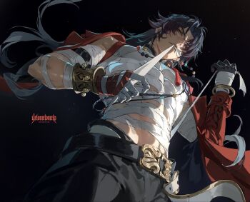 1boy ahoge artist_name bandaged_chest bandaged_torso bangle beads belt biting black_background black_hair blade_(elation)_(honkai:_star_rail) blade_(honkai:_star_rail) bracelet cohoochiedust double-parted_bangs earrings from_below gloves hashtag-only_commentary highres honkai:_star_rail honkai_(series) jacket jewelry long_hair male_focus necklace open_clothes pants red_eyes red_jacket single_earring single_glove stretching tassel toned toned_male very_long_hair