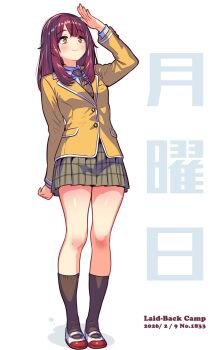 Rule 34 | 1girl, arm behind back, arm up, black socks, blazer, blush, brown hair, brown necktie, brown skirt, closed mouth, commentary request, copyright name, dated, full body, highres, jacket, jagi (jagi souken), kneehighs, long eyelashes, long hair, looking up, miniskirt, necktie, pleated skirt, school uniform, shoes, skirt, smile, socks, standing, toki ayano, uwabaki, yurucamp