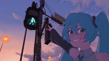1girl absurdres arm_up banken blue_eyes blue_hair commentary_request detached_sleeves grin hatsune_miku highres lamppost long_hair long_sleeves looking_at_viewer pedestrian_lights pointing sign smile solo twintails utility_pole vocaloid