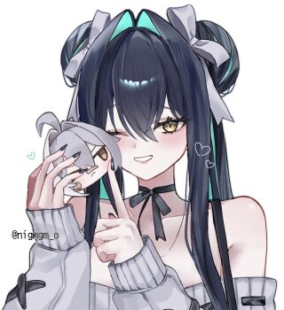 1girl ahoge aqua_hair bandaid bandaid_on_face bandaid_on_nose black_choker black_hair black_nails bow choker colored_inner_hair double_bun dress goddess_of_victory:_nikke grey_bow grey_hair grey_sweater hair_between_eyes hair_bun hair_intakes highres little_mermaid_(beautiful_bubble)_(nikke) little_mermaid_(nikke) long_hair long_sleeves mori_(nikke) multicolored_hair nigmgm_o off-shoulder_sweater off_shoulder official_alternate_costume official_alternate_hairstyle short_hair simple_background solo sweater sweater_dress twintails very_long_hair white_background yellow_eyes