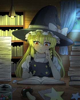 Rule 34 | 1girl, absurdres, black hat, black vest, blonde hair, book, bookshelf, bow, braid, closed mouth, commentary, curtains, ddok, eraser, green bow, hair bow, hat, hat bow, highres, indoors, jar, kirisame marisa, long hair, mushroom, paper, puffy short sleeves, puffy sleeves, short sleeves, side braid, single braid, solo, star (symbol), touhou, upper body, vest, window, witch hat, writing, yellow eyes