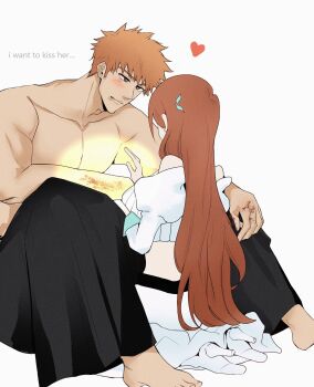 1boy 1girl barefoot black_hakama bleach blood blood_on_hands blush boots breasts brown_eyes brown_hair bruise bruise_on_face commentary crop_top detached_sleeves dirty english_commentary english_text hakama healing hetero high_heel_boots high_heels highres injury inoue_orihime japanese_clothes juliet_sleeves kneeling kurosaki_ichigo long_hair long_skirt long_sleeves looking_at_another medium_breasts midriff orange_hair puffy_sleeves sela_(chanppu) sharp_teeth shihakusho shirt short_hair skirt teeth topless_male white_background white_boots white_shirt white_skirt white_sleeves