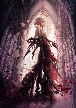 1girl alternate_costume architecture blood breasts cathedral church dark_persona date_a_live dress elbow_gloves european_architecture gloves gothic_architecture grey_hair hachi_shoku_mare halo highres honjou_nia indoors looking_at_viewer nipples paper red_eyes red_halo shadow short_hair small_breasts solo standing