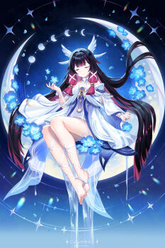 1girl absurdres bare_shoulders barefoot black_hair blue_background blue_flower character_name closed_eyes closed_mouth columbina_(genshin_impact) commentary_request crescent dress feet flower full_body genshin_impact hair_ornament hand_up highres lalazyt legs long_hair moon_phases off-shoulder_dress off_shoulder purple_hair short_dress sitting smile soles solo thighs toenails toes very_long_hair white_dress wing_hair_ornament x_hair_ornament