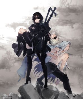 1girl 2b_(nier:automata) 2b_(nier:automata)_(cosplay) 2boys 9s_(nier:automata) 9s_(nier:automata)_(cosplay) black_hair black_thighhighs boots breasts carrying cleavage_cutout clothing_cutout cloud cloud_strife cloudy_sky company_connection cosplay final_fantasy final_fantasy_vii final_fantasy_vii:_ever_crisis highres long_hair minaminooyama multiple_boys nier:automata nier_(series) official_alternate_costume princess_carry sephiroth sky thigh_boots thighhighs tifa_lockhart topless_male very_long_hair