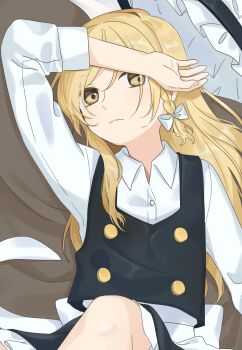 Rule 34 | 1girl, absurdres, arm on own head, back bow, black hat, black skirt, black vest, blonde hair, bow, braid, buttons, collared shirt, commentary request, double-breasted, expressionless, hair bow, hair over shoulder, hat, highres, kirisame marisa, long hair, long sleeves, looking at viewer, lying, on back, shirt, side braid, single braid, skirt, solo, touhou, tsuno no hito, unworn hat, unworn headwear, vest, white bow, white shirt, yellow eyes