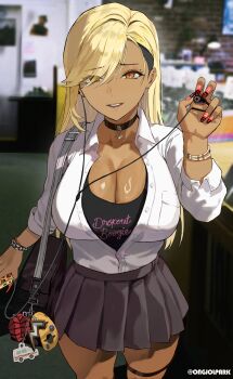 1girl absurdres bag black_choker black_shirt blonde_hair blurry blurry_background bracelet breasts choker earphones grey_skirt gyaru hair_over_one_eye highres holding holding_earphones jewelry large_breasts long_hair looking_at_viewer mole mole_above_eye nail_polish orange_eyes original park_ongjol pleated_skirt rock_fan_gyaru_(park_ongjol) school_bag shirt single_earphone_removed skirt sleeves_rolled_up solo thigh_strap undershirt white_shirt