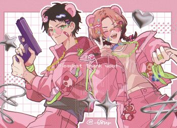 18trip 2boys 68nr absurdres adversarial_noise artist_name bandaid bandaid_on_cheek bandaid_on_face belt_charm belt_collar black_hair black_shirt bracelet braid chain charm_(object) collar commentary crop_top cropped_jacket glasses gradient_nails gun hair_ornament hairclip heart highres holding holding_gun holding_weapon jacket jewelry kinouchi_tao long_sleeves low_twin_braids male_focus multicolored_hair multiple_boys multiple_rings nail_polish natsuyaki_chihiro official_alternate_costume one_eye_closed pants paw_hair_ornament pink-tinted_eyewear pink_hair pink_jacket pink_nails pink_pants red_eyes rimless_eyewear ring shirt star_(symbol) stuffed_animal stuffed_toy symbol-only_commentary teddy_bear tinted_eyewear twin_braids two-tone_hair upper_body watermark weapon white_shirt yellow_eyes