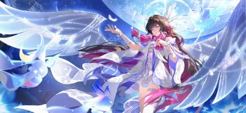 1girl absurdres black_hair columbina_(genshin_impact) commentary_request dress feathered_wings genshin_impact hair_ornament head_wings highres leleyoukuailele long_hair moon multicolored_hair purple_hair smile solo streaked_hair two-tone_hair very_long_hair white_dress white_wings wings